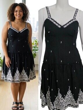 Nicole By Nicole Miller Black Embroidered Sundress with Contrast Trim Size 14